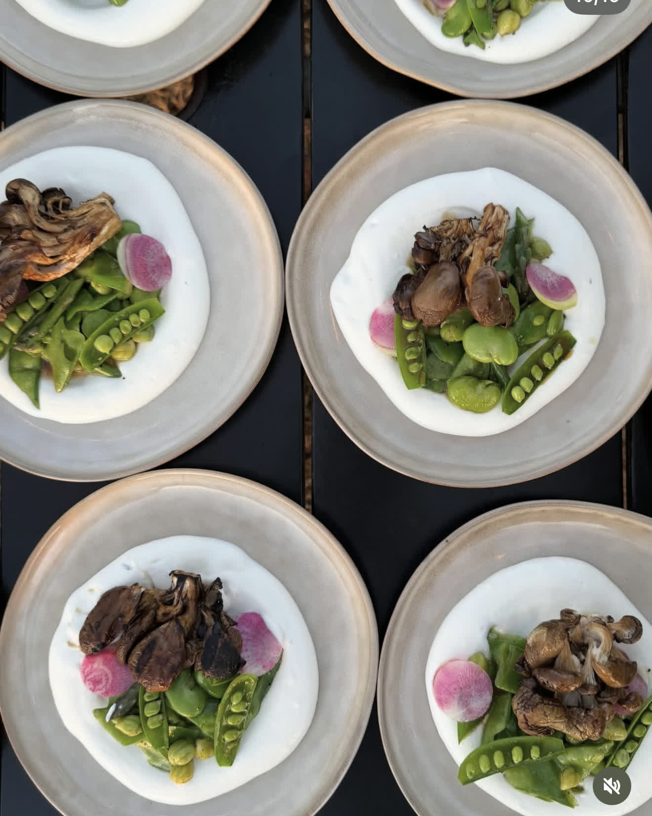 Plated mollejas with snap peas and radish, overhead
