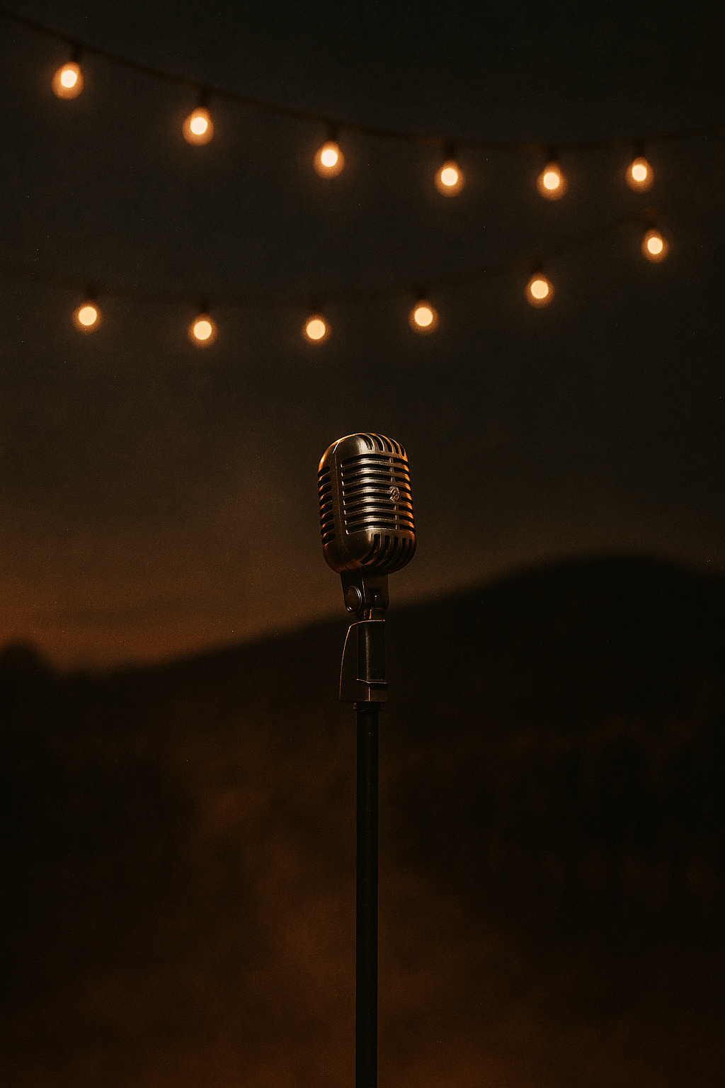 Comedy Night at Hill Top Winery, a vintage microphone under string lights at dusk