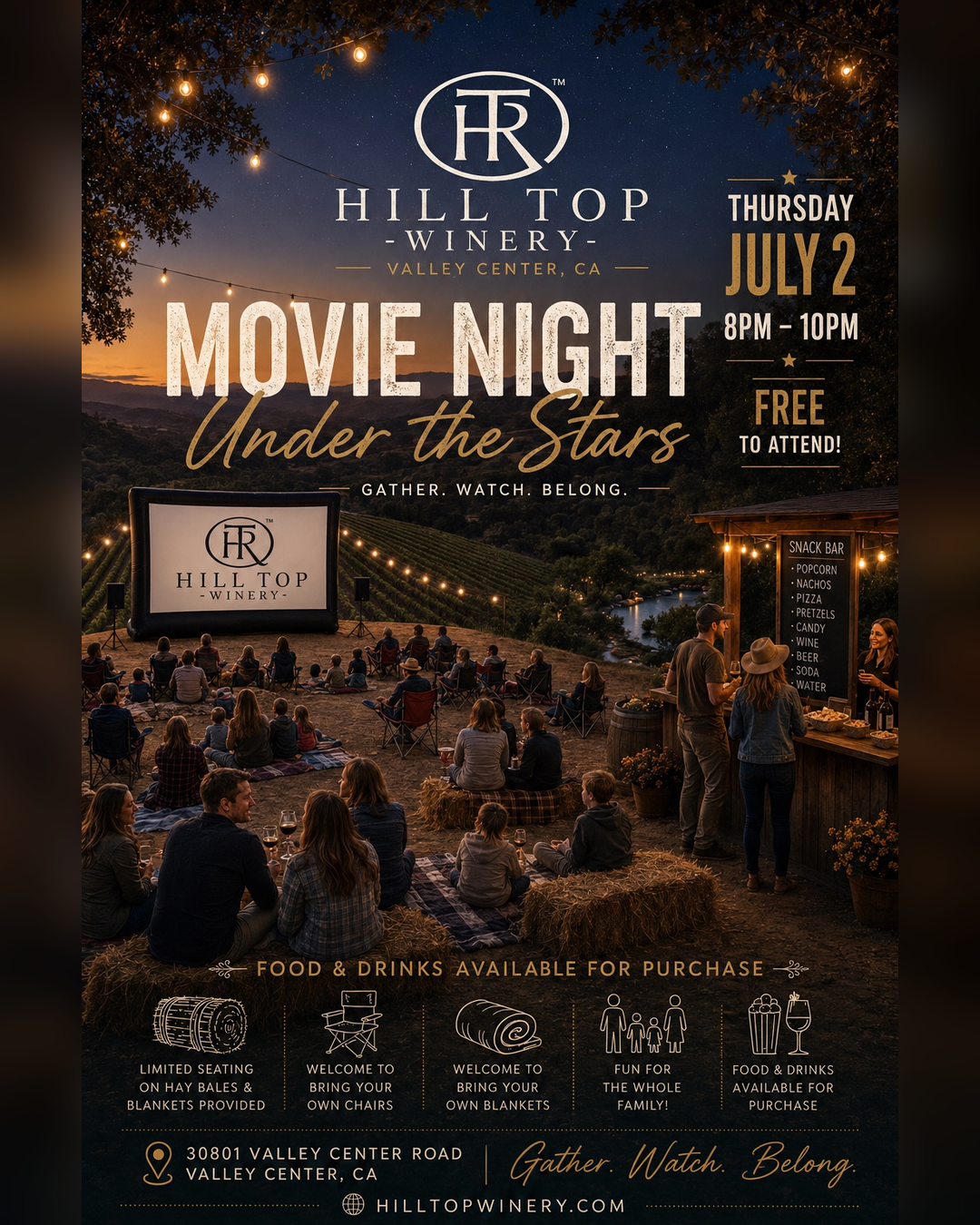 Movie Night Under the Stars at Hill Top Winery, Thursday July 2, 8 to 10 PM, free to attend