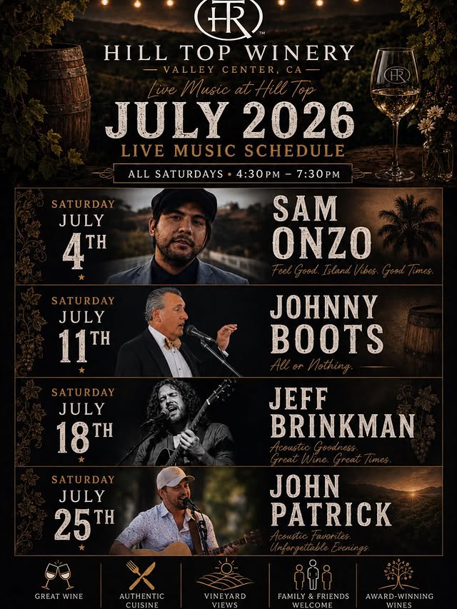 July live music schedule at Hill Top Winery