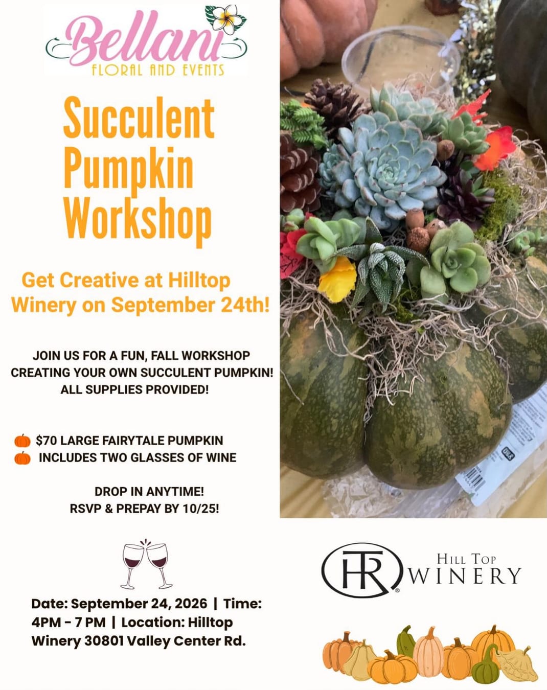 Succulent Pumpkin Workshop flyer by Bellani Floral and Events at Hill Top Winery