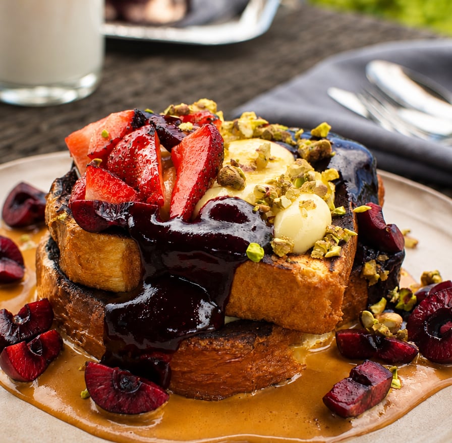 Brioche French toast with dulce de leche, strawberries, cherries, pistachio and pastry cream