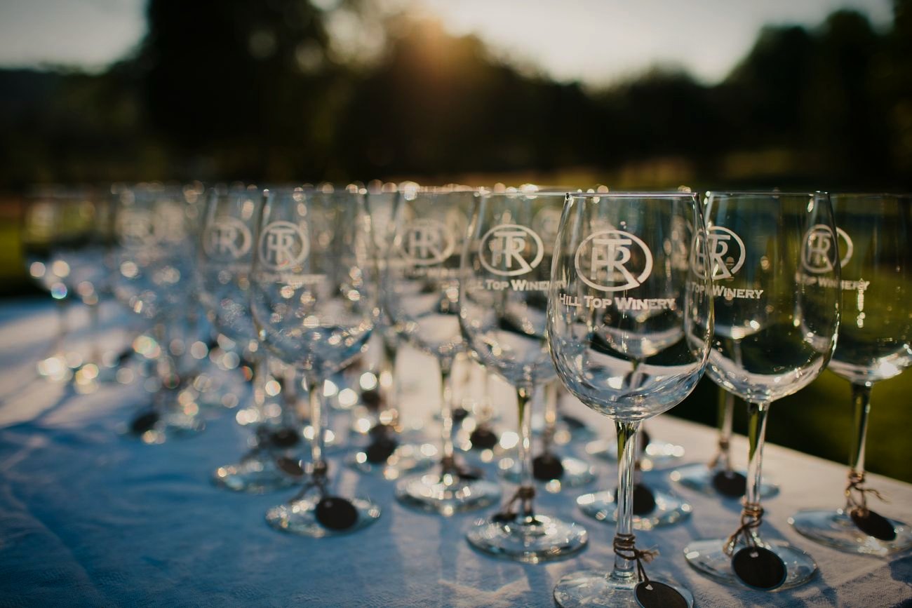 Hill Top tasting glasses at golden hour